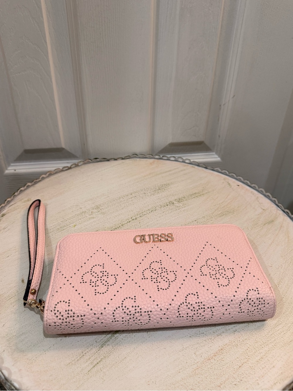 GUESS Light Pink Perforated Logo Wristlet Wallet